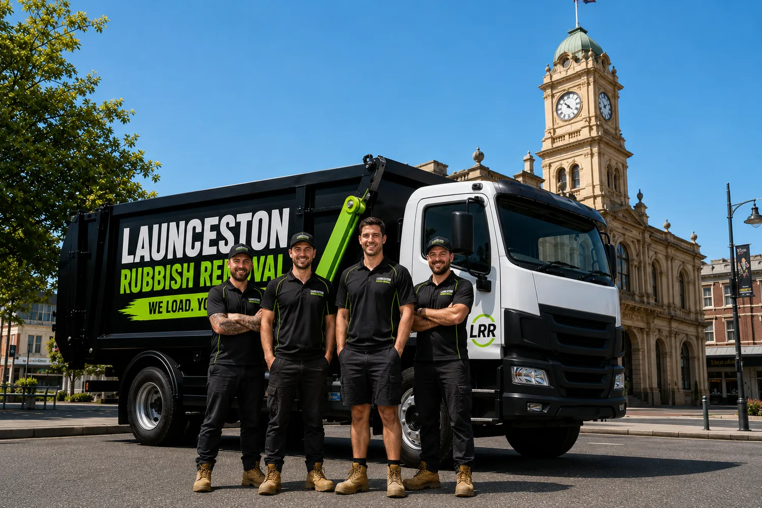 The Launceston Rubbish Removal team in front of their branded truck at the Launceston Post Office clock tower